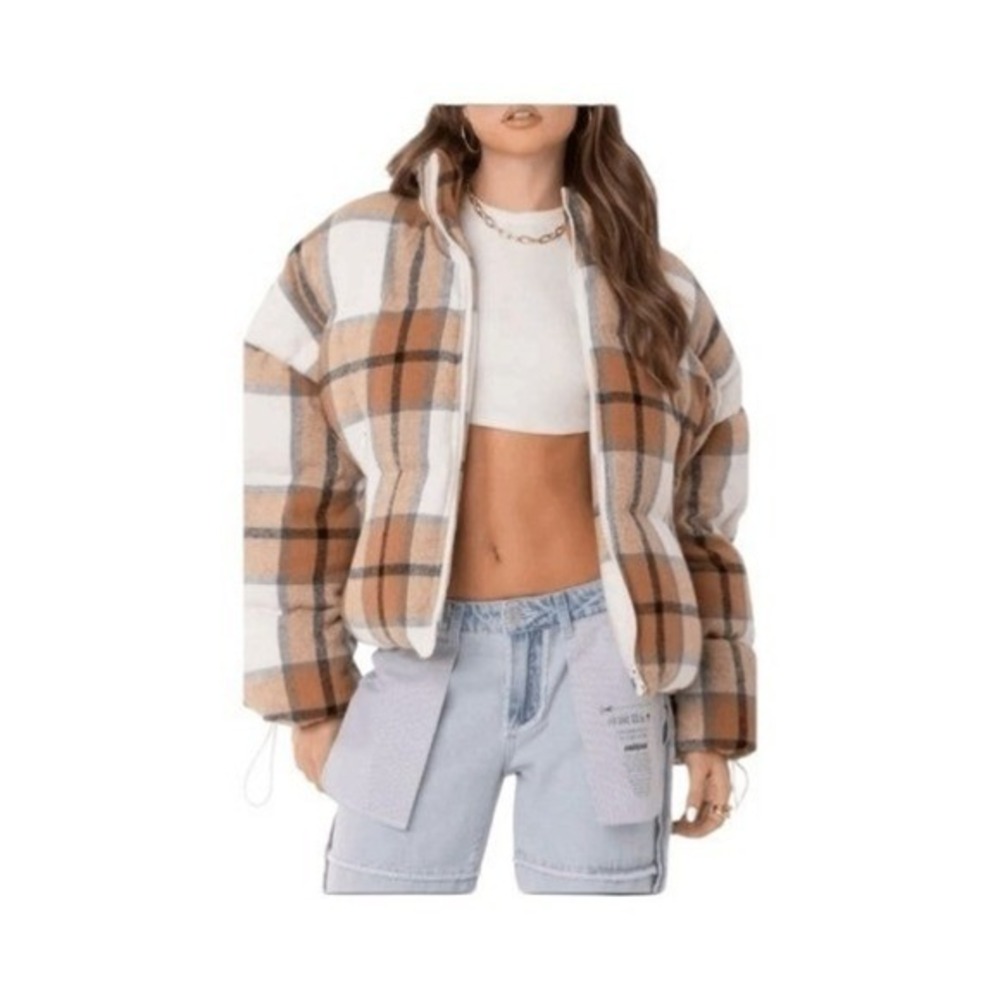 Edikted‎ Presley Plaid Cotton Blend Puffer Jacket Brown Tan Cream Knit M